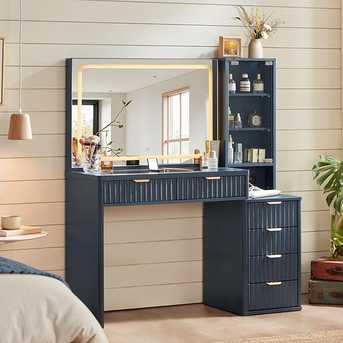 LEYAOYAO Vanity Desk with Mirror and Lights, 43.5'' Fluted Makeup Vanity with 6 Drawers and Adjustable Shelves, Glass Top Make Up Vanity, Girls Wood Dressing Table with Power Outlet for Bedroom