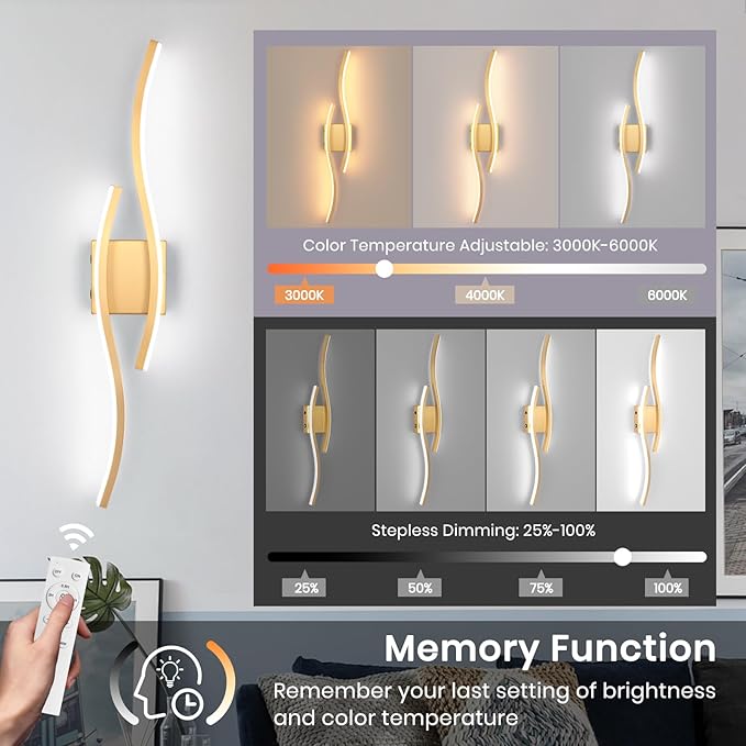 Modern LED Wall Sconce Set of Two, Battery Powered Wall Sconces Set of 2 with Timer, Gold Wall Light with Remote, LED Wall Lamp Indoor not Hardwired for Bathroom Living Room Bedroom Corridor