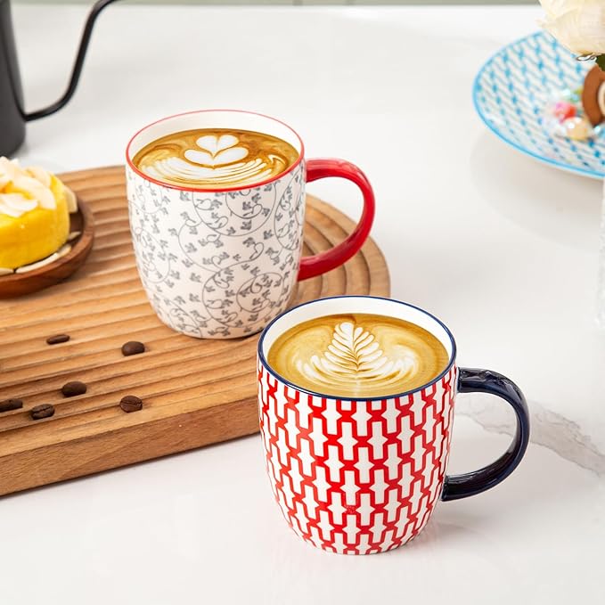 Ceramic Coffee Mugs Set - 10 Oz Large Porcelain Tea Cups with Handle for Milk Cappuccino Latte Tea Cocoa - Microwave Dishwasher Safe - Christmas Housewarming Gift -Set of 6 - Assorted Colors