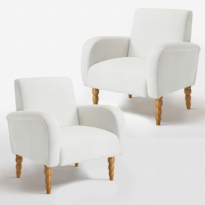 Accent Armchair Set of 2, Mid-Century Modern Living Room Chairs with Gourd-Like Shape Wooden Legs, Chenille Upholstered Single Sofa Reading Chair for Living Room Bedroom Guest Room,White