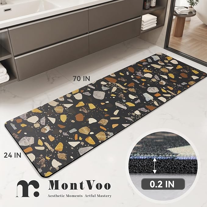MontVoo -Bath Mat-Non Slip Thin Bathroom Rugs Fit Under Door- Quick Dry Absorbent Faux Suede Surface Grey Bathroom Floor Mats-Shower Rug for in Front of Bathtub Shower Black & Multi Color 24X70