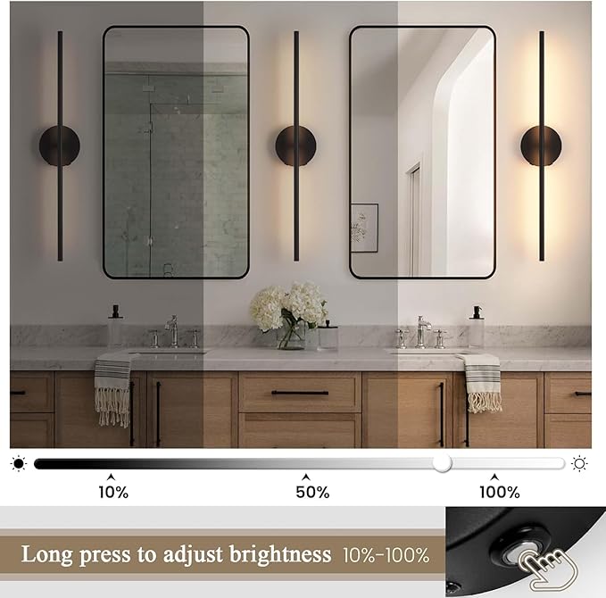 Wireless USB Rechargeable LED Wall Sconce Light (Set Of Two), Cordless Dimmable 3-light option, 360⁰ Rotateable with Remote Control for Bedroom, Bathroom, Living Room & Hallway. 28.3 inches (Black)