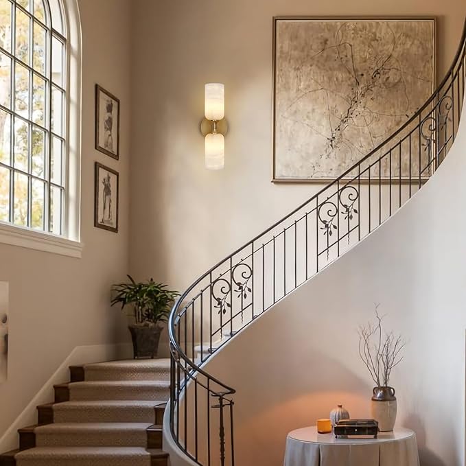 Alabaster Wall Sconce 14in Modern Spanish Natural Marble Bathroom Vanity Sconces, Antique Brass Sconces Wall Lighting, Gold Wall Light Fixtures Decor, for Bedroom Living Room Staircases Hallway