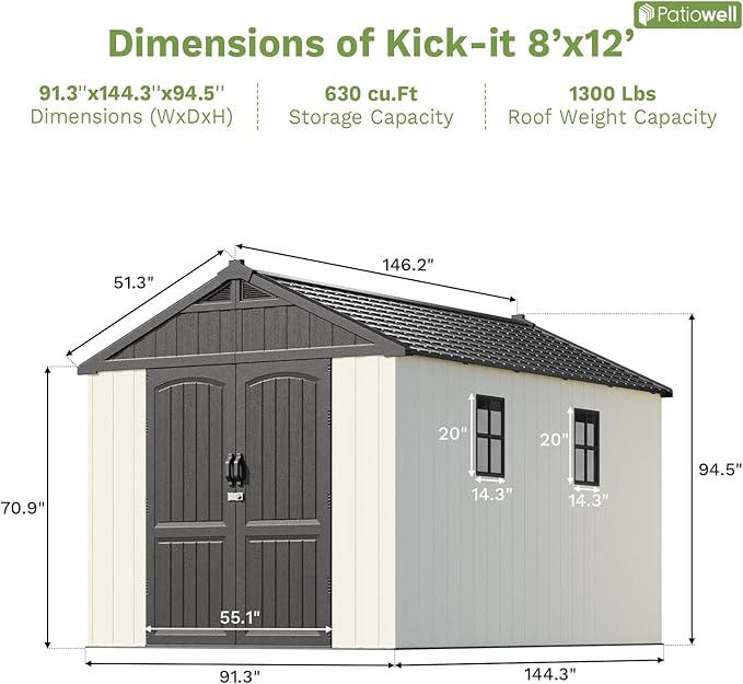 Patiowell 8 x 12 FT Resin Outdoor Storage Shed with Floor, Large Shed with Light and Lockable Door for Garden, Backyard, Tool Storage Use, Easy to Install in Beige (Kick-it Shed)
