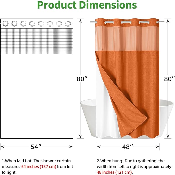 Stall No Hooks Needed Linen Textured Shower Curtain with Snap-in Fabric Liner Set,Hotel Luxury Decor Farmhouse Shower Curtains for Bathroom,Waterproof & Washable,54Wx80H,Burnt Orange