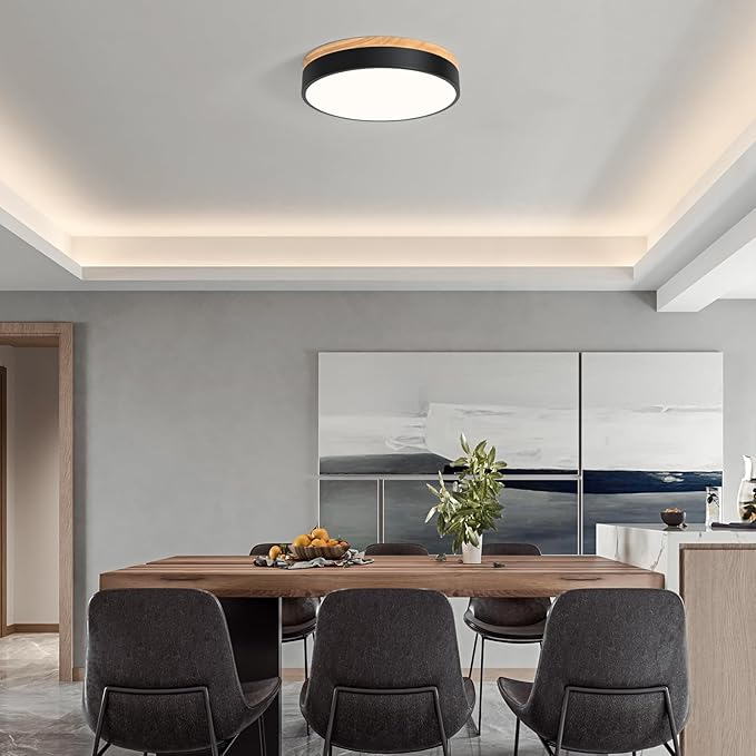 Dimmable Wood LED Flush Mount Ceiling Light, 5CCT 2700K-6000K Modern Black Close to Ceiling Lighting Fixtures, Minimalist Round Ceiling Lamp for Bedroom, Kitchen, Hallway, Laundry Room