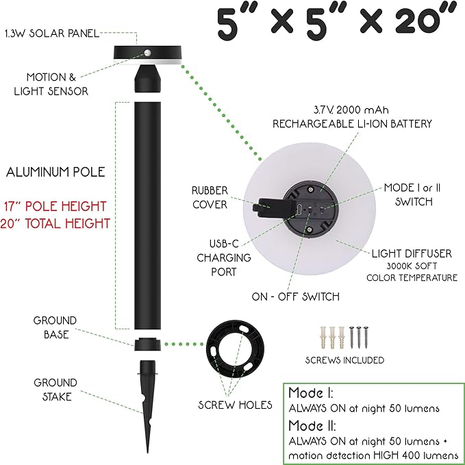 Solar Landscape Lights - Outdoor Solar Lights for Yard - PIR Sensor & Two Lighting Modes - 50lm & 400lm - Rechargeable Battery Last Up to 55 Hours - 3000K - IP44 Weather Resistant - 2 Pack