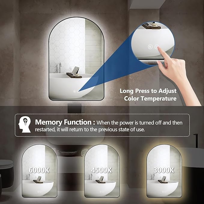 Niccy Arched LED Lighted Bathroom Mirror, 36x24 Inch Backlit Vanity Mirror with Lights Brushed Black Framed Wall Mounted Mirrors with Dimmable 3 Color Shatterproof Arch Smart Fog Free Mirror