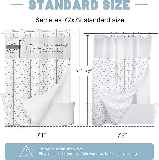 No Hook Geometric Striped Shower Curtain with Snap in Liner Set - Hotel Shower Curtain and Liner Set with See Through Mesh Top Window,Machine Washable, 71x74 INCH - Grey & White Herringbone