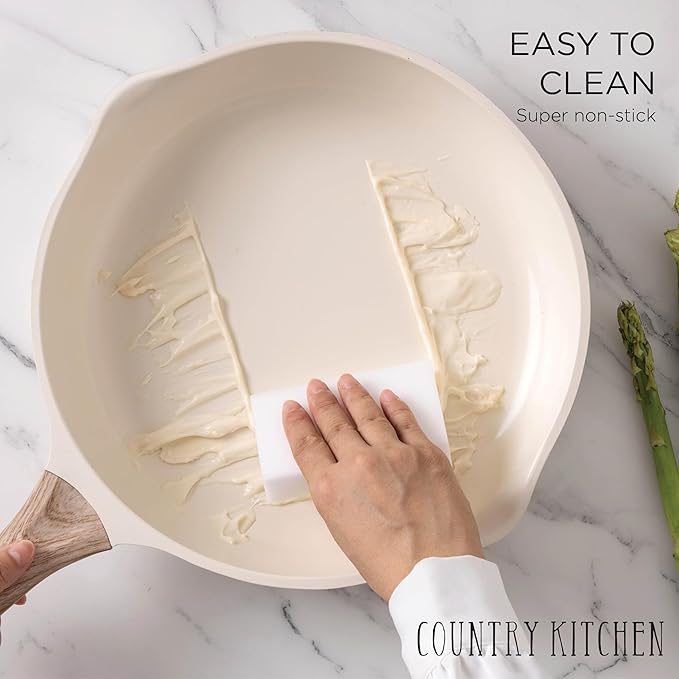 Country Kitchen Pots and Pans Set Nonstick, Cast Aluminum Kitchen Cookware Set with Utensils, 14 Pcs Non Stick Cooking Set w/Frying Pans & Saucepans, Cream