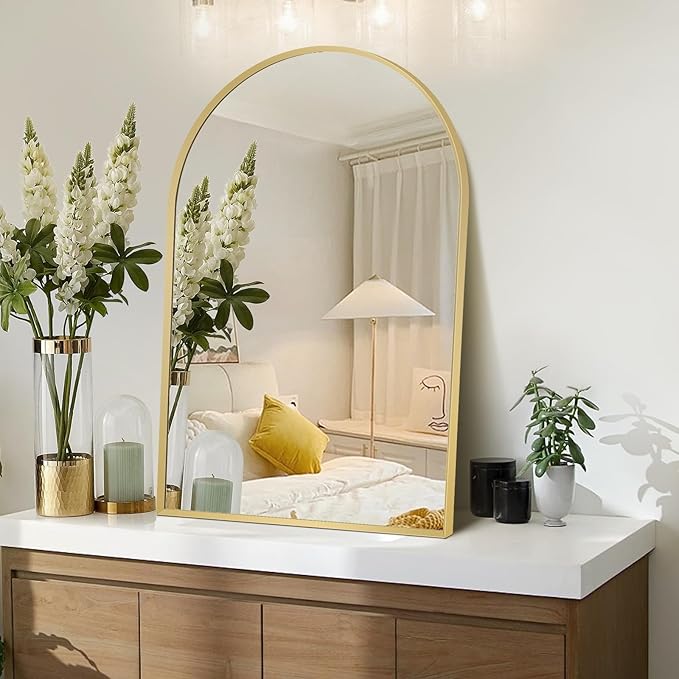 Large Gold Arched Mirror, 30" x 40" Modern Brushed Metal Frame Arch Wall Decorative Mirror, Arched Top Bathroom Vanity Mirror for Living Room Bedroom Hallways Entryway