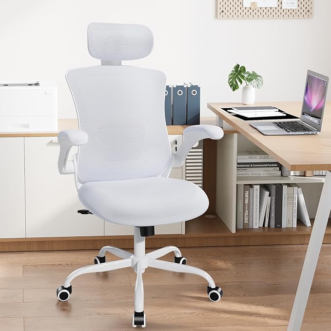 Ergonomic Office Chair with Adjustable Lumbar Support & Headrest, High Back Mesh Desk Chair with Flip-Up Armrests, Breathable & Comfortable Computer Chair for Home, Office & Study –White