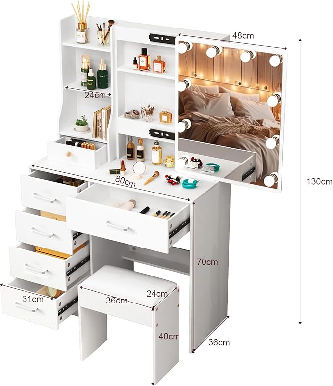 Vanity Desk with Sliding Mirror and Lights, Makeup Vanity Desk with Chiar and Storage, Vanity with Lights for Bedroom, Dressing Table for Teen Girls Women
