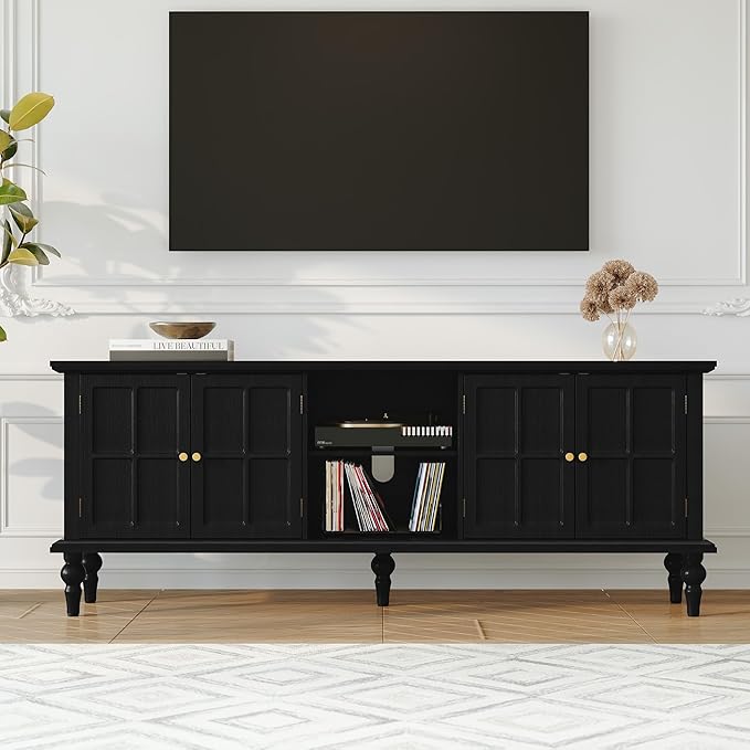 3More 67" Mid Century Modern TV Stand with Window Design,Wood Entertainment Center with Open Shelf,Up to 70" Media TV for Living Room or Bedroom,Black