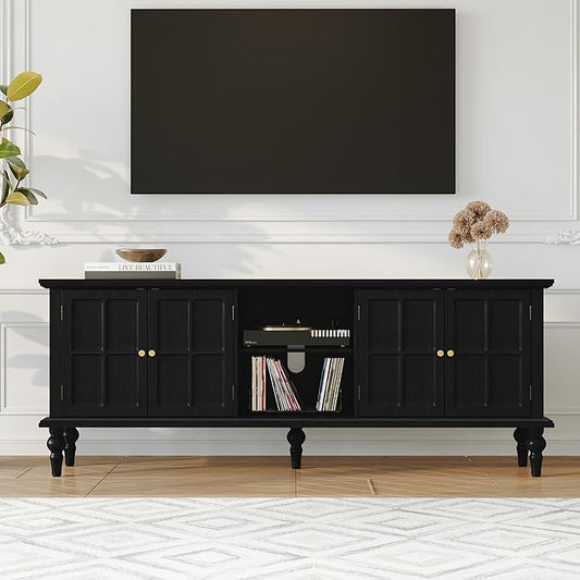 3More 67" Mid Century Modern TV Stand with Window Design,Wood Entertainment Center with Open Shelf,Up to 70" Media TV for Living Room or Bedroom,Black