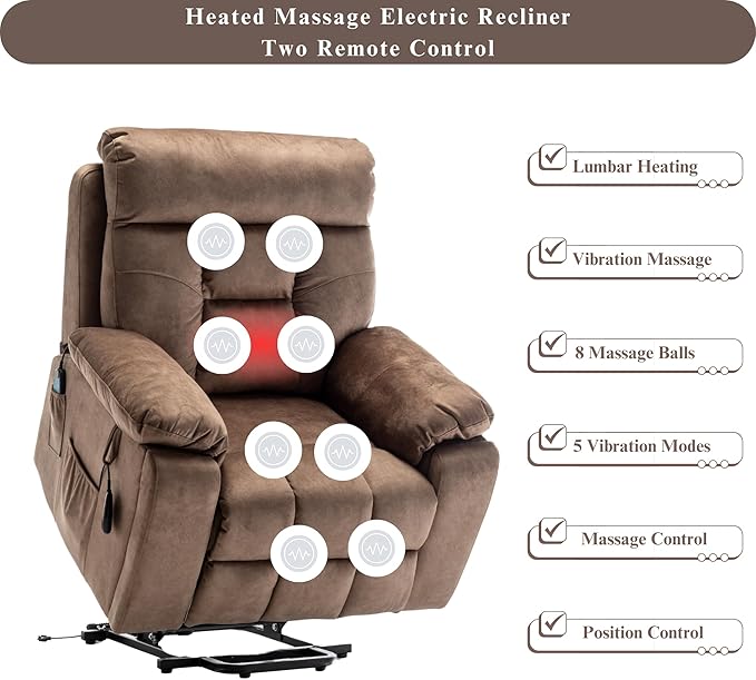 Oversized Power Lift Recliner Chair for Elderly - Extra Wide Big Man Recliner with Heat & Massage - Hidden Cup Holder - Single Motor 350 lbs Capacity