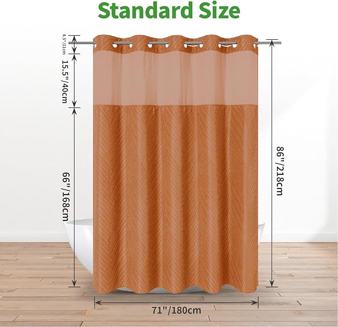 no Hook Shower Curtain and Liner Set，Boho Style with See Through Top Window, BurntOrange Fabric Tufted Striped Textured Outer Curtain & Waterproof Inner Liner, Orange, 71Wx86H