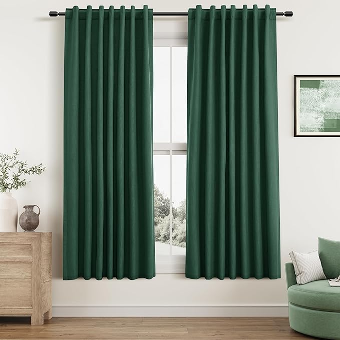 Guken Green Blackout Curtains 63 Inch Length 2 Panels Set for Living Room Bedroom Back Tab Thermal Insulated 100% Black Out Linen Drapes Room Darkening Window Curtains 52 Inches Width