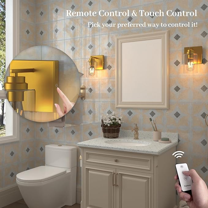 Battery Operated Wall Sconce with Remote Control Set of 2, Dimmable Wall Mounted Light Easy Install, Rechargeable Wireless Wall Lamp for Bedroom Bathroom Kitchen Vanity Mirror, Brass