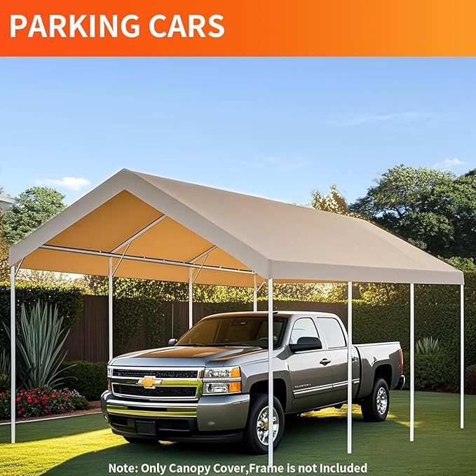 10' x 20' Carport Replacement Canopy Cover for Carport Frame Garage Top Tarp Shelter Tent Party Heavy Duty (Only Top Cover, Frame is not Included) (Beige, 10' x 20')
