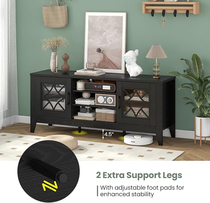 Tangkula Farmhouse TV Stand for TVs Up to 65-in, Classic Media Entertainment Center w/Glass Door Cabinets & 4 Adjustable Shelves, Modern TV Console Table w/ 3 Cable Holes for Living Room (Black)