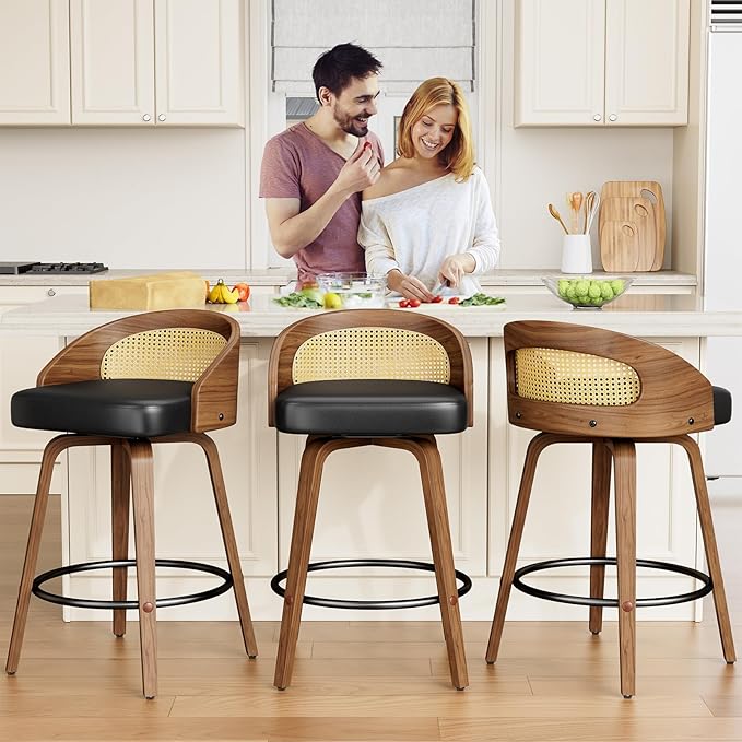 Rattan Bar Stools Set of 2, 26" Swivel Counter Height Bentwood Barstool, Mid-Century Modern PU Leather Upholstered Bar Chair with Back and Footrest, for Kitchen Island, Bar, Dining Room, Cafe