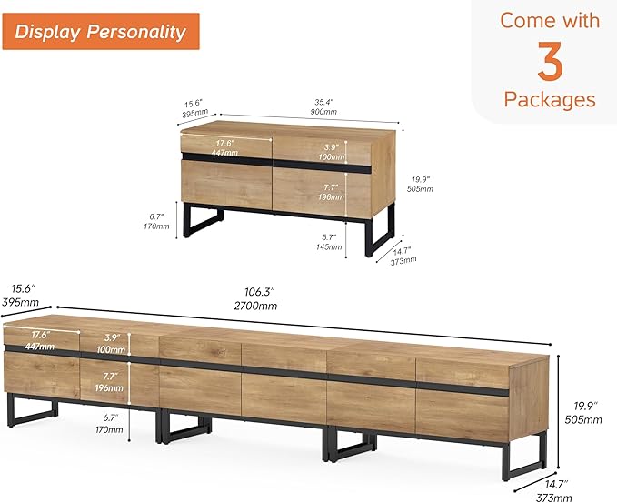 Wampat Modern TV Stand for 110 inch TVs, 3 in 1 Entertainment Center with Storage Cabinets and Metal Base, Media Console for Living Room, Oak