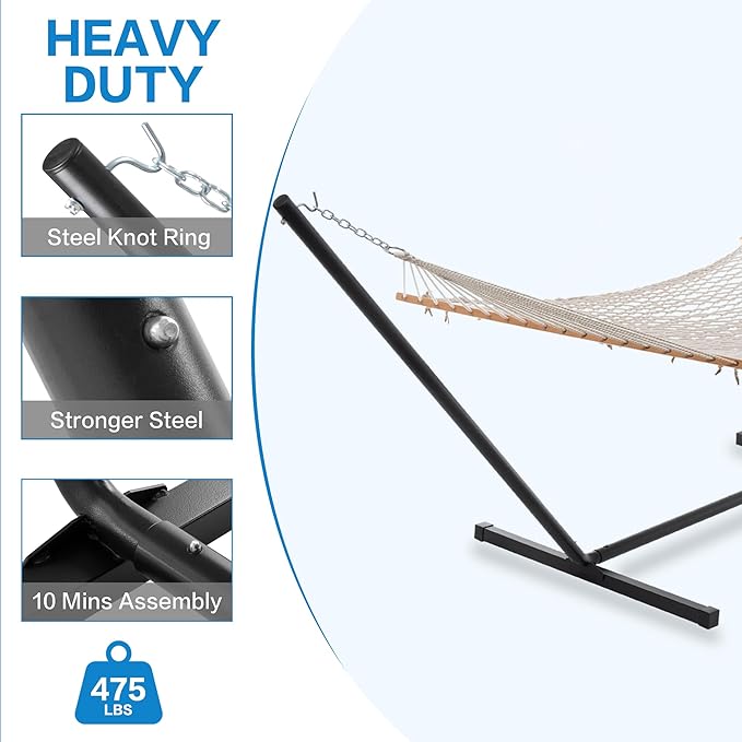 PNAEUT Double Hammock with Stand for Outside, Rope Hammocks with Polyester Pad 2 Person, 12ft Heavy Duty Stand, Extra Pillow, Storage Sidebag, Max 475 lbs Capacity (Pearl White)