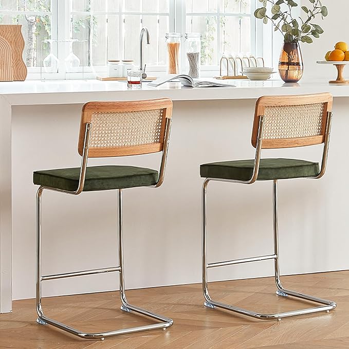 Natural Rattan Bar Stools Set of 2 with Solid Wood Back, 29 Inch Mid Century Modern Counter Height Stools, Green Upholstery Boho Stool for Kitchen Counter with Chrome Metal Legs