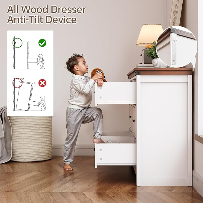 Farmhouse 6 drawer dresser for bedroom, 51" Wide chest of drawers, Wood white dresser with Metal Handle and Anti-Tipping Device, Storage Dressers Organizer for Bedroom, Living Room, Hallway, White