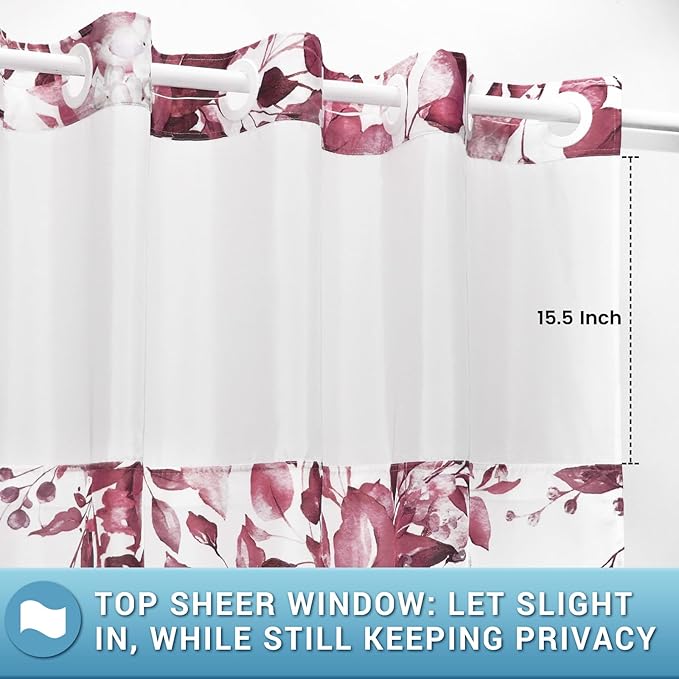 No Hook Shower Curtain with Snap in Liner - Eucalyptus Shower Curtain - Washable Waterproof Inner Liner, Plants Burgundy Leaves Modern Shower Curtains - Machine Washable, 71 x 74