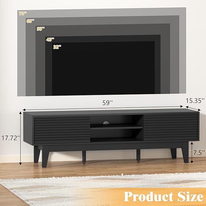 Wooden Fluted TV Stand for 55 65 70 inch TV, Long & Large TV Media Console Table with Storage Cabinets, Boho Farmhouse Entertainment Center for Living Room, Bedroom - Black