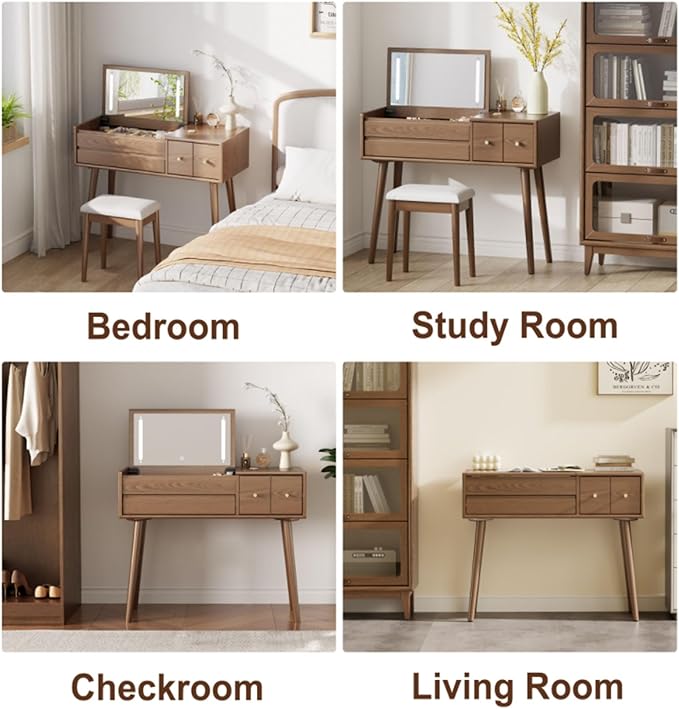 KungFuWood Makeup Vanity Desk with 3 Lighting Modes, Solid Wood Vanity Desk with Mirror Dressing Table Set 4 Drawers,Space-Saving Vanity for bedrooms(walunt)