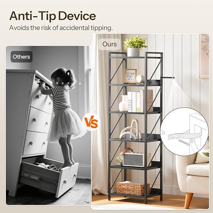 HOOBRO Bookshelf, 6-Tier Industrial Bookcase, Book Shelf Storage Organizer, Tall Bookshelf with Metal Frame for Living Room, Bedroom, Home Office, Kitchen, Black BB72SJ01