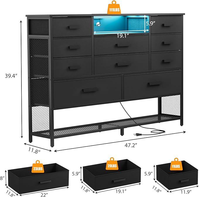 Black Dresser for Bedroom with 10 Drawers, Chest of Drawers with Charging Station, TV Stand Storage with LED Light for 55" TV, Fabric Drawers with PU Finish, Dresser with Shelves for Closet