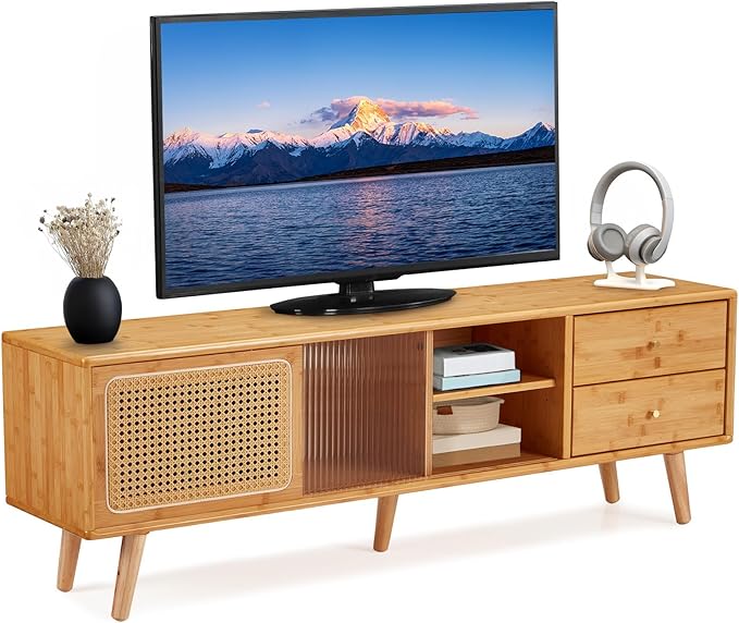 Rattan Boho TV Stand for TVs up to 65 inch, Entertainment Center with Rattan Door, Height-Adjustable Shelves & 4 Cabinets & Drawers, Long Boho Media Console for Living Room, Natural