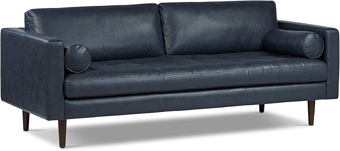 Poly & Bark Napa Leather Couch - 88.5-Inch Office Sofa with 2 Bolsters - Full-Grain Leather Sofa for Living Room with Feather-Down Topper - Living Room Couch - Vintage Italian Leather in Midnight Blue