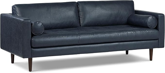 Poly & Bark Napa Leather Couch - 88.5-Inch Office Sofa with 2 Bolsters - Full-Grain Leather Sofa for Living Room with Feather-Down Topper - Living Room Couch - Vintage Italian Leather in Midnight Blue