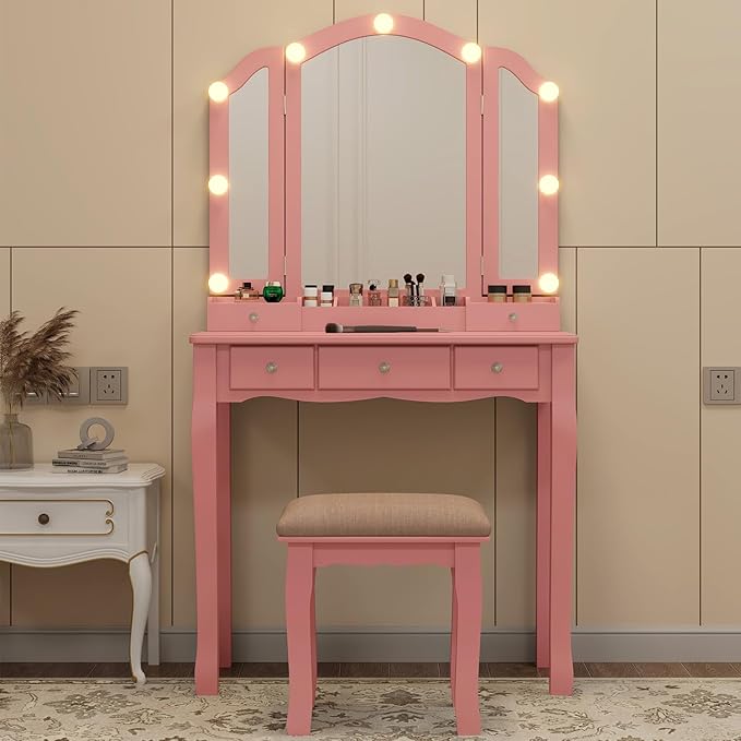 Pink Vanity Desk with Mirror and Lights for Girls Makeup Vanity Desk with Chair Vanity Table and Stool Set with 5 Storage Drawers 3 Colors Lighting Modes Tri Fold Vanity Mirror Lighted Vanity
