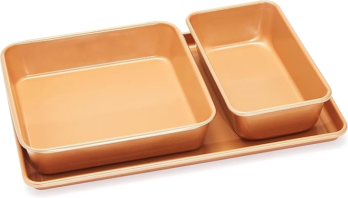 Amazon Basics Ceramic Nonstick Baking Sheets and Pans Bakeware Set, Non-Toxic, 5-Piece Set- Copper Color