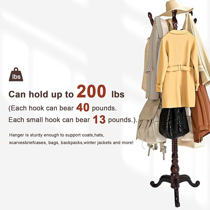 Coat Racks Freestanding, Natural Wood Coat Stands with 14 Hooks, 75" Heavy Duty Adjustable Height Vintage Hall Tree for Entryway, Bedroom, Office, Easy Assembly (Triangular Dark Brown)