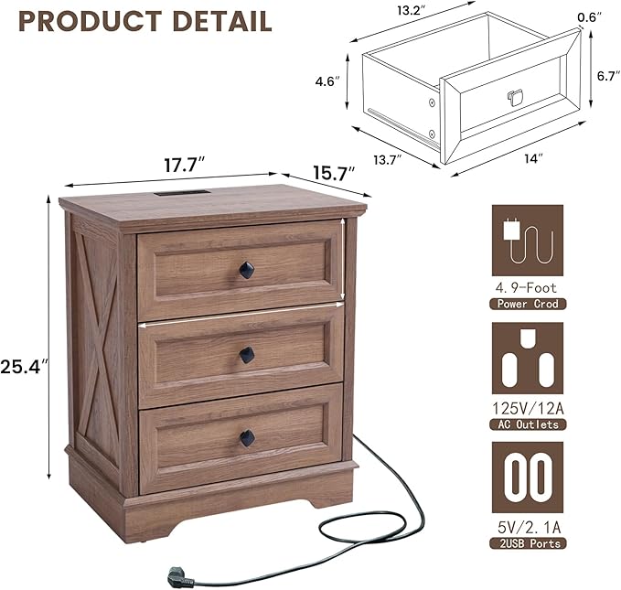 Farmhouse 3 Drawers Dresser for Bedroom, Rustic Small Chest of Drawers with Charging Station, Wood Closet Organizers, Modern Tall Nightstand/End Table for Bedroom, Living Room, Entryway, Natural Oak