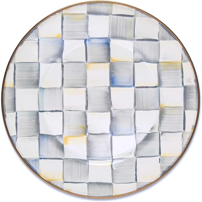 MACKENZIE-CHILDS Enamel Dinner Plate, Decorative Dinnerware Plate, 10 Inches, Set of 1, Gray-and-White Sterling Check