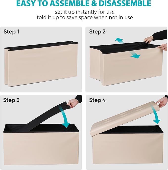 SUPER DEAL Folding Storage Ottoman Bench, 30 Inches Footrest Storage Bin with Padded Seat, Entryway Shoe Bench for Living Room Bedroom, 30"x15"x15", Faux Leather, Beige