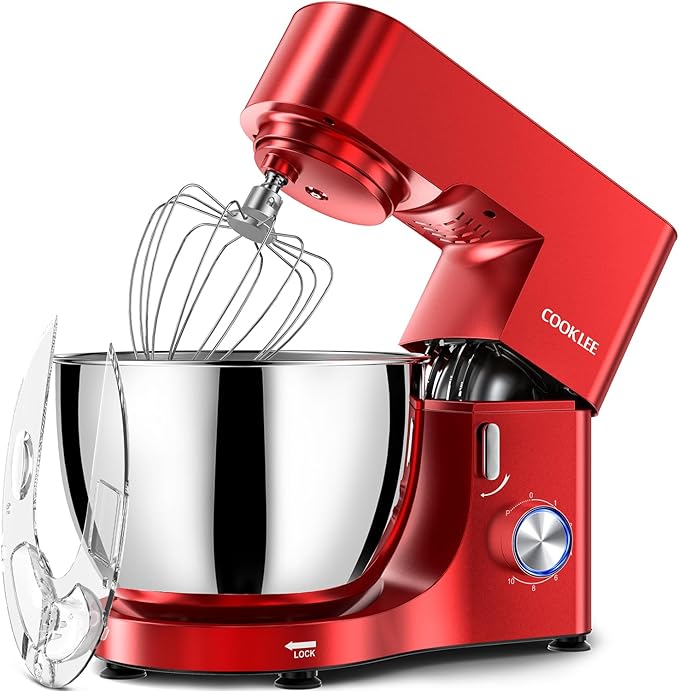 COOKLEE Stand Mixer, 9.5 Qt. 660W Electric Kitchen Mixer with Dishwasher-Safe Dough Hooks, Flat Beaters, Wire Whip & Pouring Shield Attachments for Most Home Cooks, Red