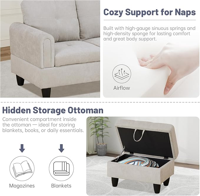 L-Shape 3-Piece Cloud Sofa, Couch for Living Room, Light-Grey Fluffy Fabric L-Shape with Reversible Chaise & Storage Ottoman, Ergonomic 110–115° Recline, Solid-Wood Frame