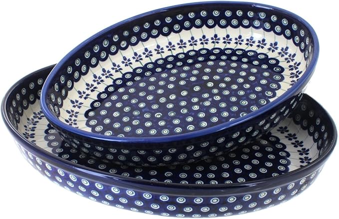 Blue Rose Polish Pottery - Blue Flowering Peacock Oval Baker Set - 2 Bakers - Unique, Dishwasher Safe, & Durable Bakeware