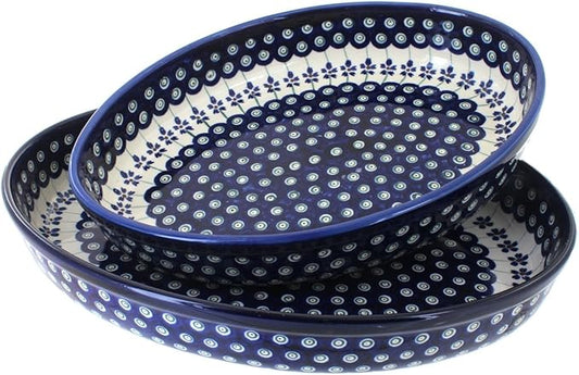 Blue Rose Polish Pottery - Blue Flowering Peacock Oval Baker Set - 2 Bakers - Unique, Dishwasher Safe, & Durable Bakeware