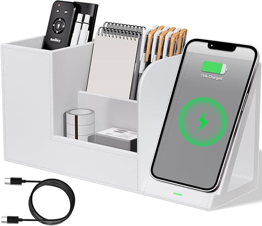 Multi-Functional Pencil Holder for Desk, Desk Organizers and Accessories with 4 Compartments for Office Art Supplies,Desk Phone Stand Charger for Desktop/Counter,Wihte Office Storage for Pens, Keys