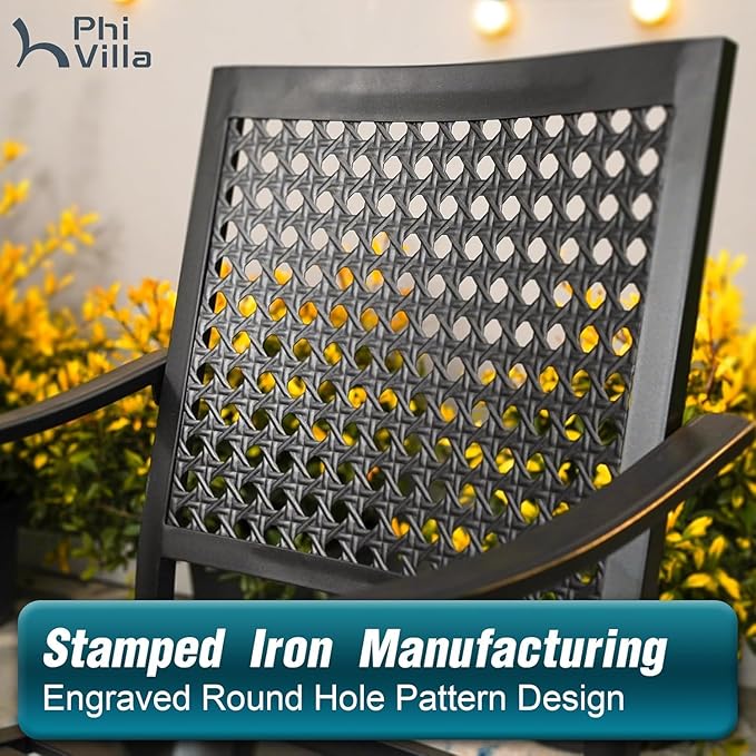 PHI VILLA 9 Pieces Outdoor Dining Set for 8, Large Rectangular Metal Dining Table with Umbrella Hole & Stackable Wrought Iron Chairs, Dining Furniture for Patio, Deck, Yard, Porch